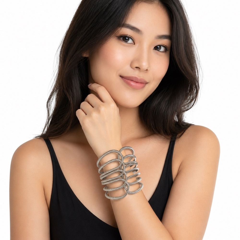 Silver Tone Multi Row Rope Textured Wide Cuff Hinge Statement Bracelet 103-144